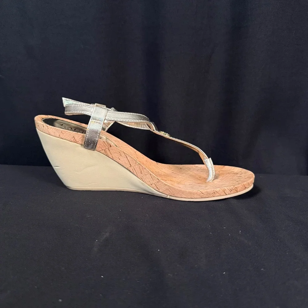 Lauren Ralph Lauren Reeta Cork Wedge Sandals Platino Silver Metallic Womens 8.5B